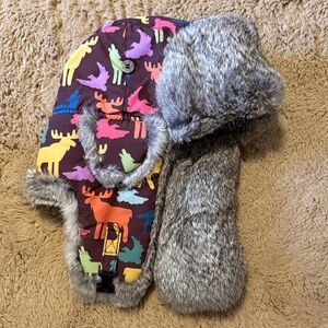 Kids Faux-Fur Trapper Hat with Colorful Moose Print - Brown